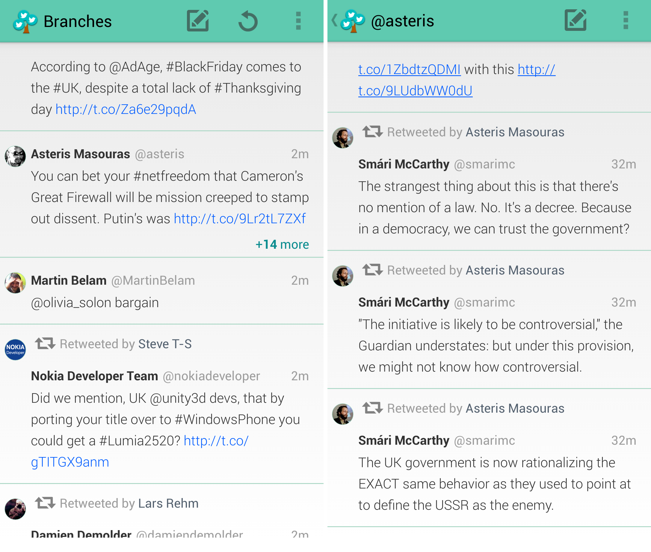 Branches for Twitter Android App Groups Tweets by Sender